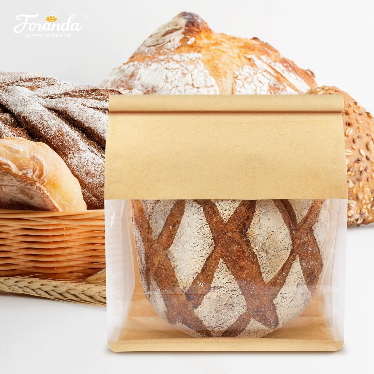 50 Pack Bread Bags with Tabs for Homemade Sourdough Bread, 8.7x4.3x11 Inches Tin Tie Tab Lock Large Paper Bakery Packaging Bags with Window for Gifting & Bake Sale | Thick Material, Grease Resistant, Self Standing