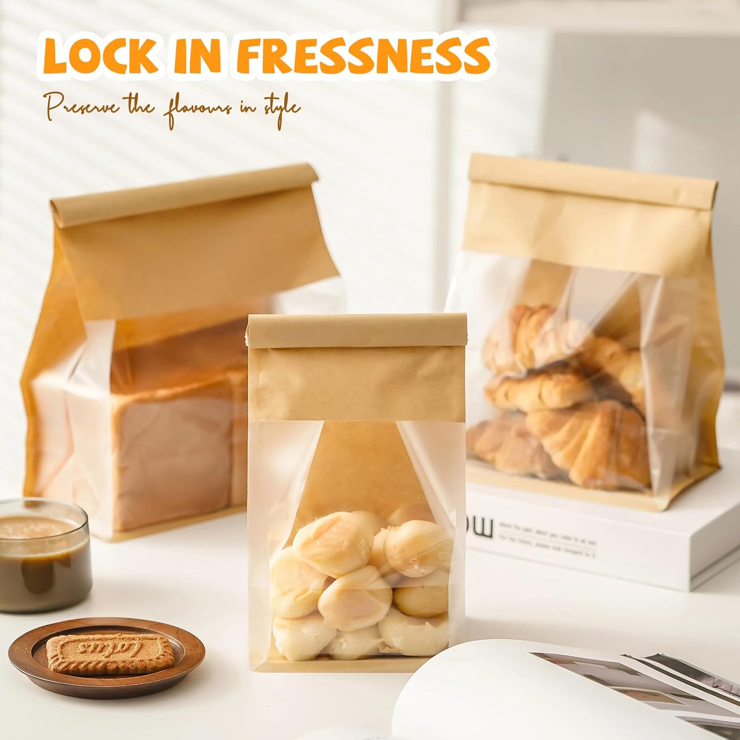 50 Pack Bread Bags with Tabs for Homemade Sourdough Bread, 8.7x4.3x11 Inches Tin Tie Tab Lock Large Paper Bakery Packaging Bags with Window for Gifting & Bake Sale | Thick Material, Grease Resistant, Self Standing