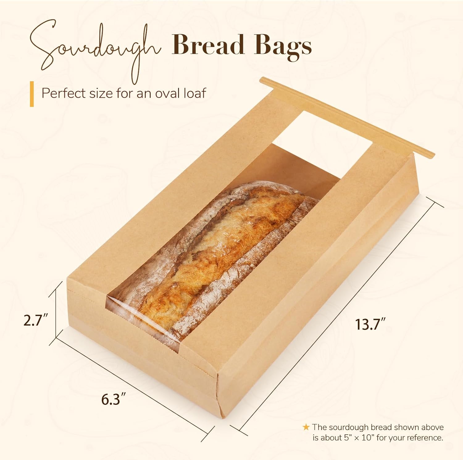50 Pack Long Paper Bread Bags with Tabs for Homemade Sourdough, Resealable Bakery Bags with Window for Oval Sourdough Bread, Loaves, Pastries, Baguettes 6.3x2.7×13.7 Inches | Grease Resistant
