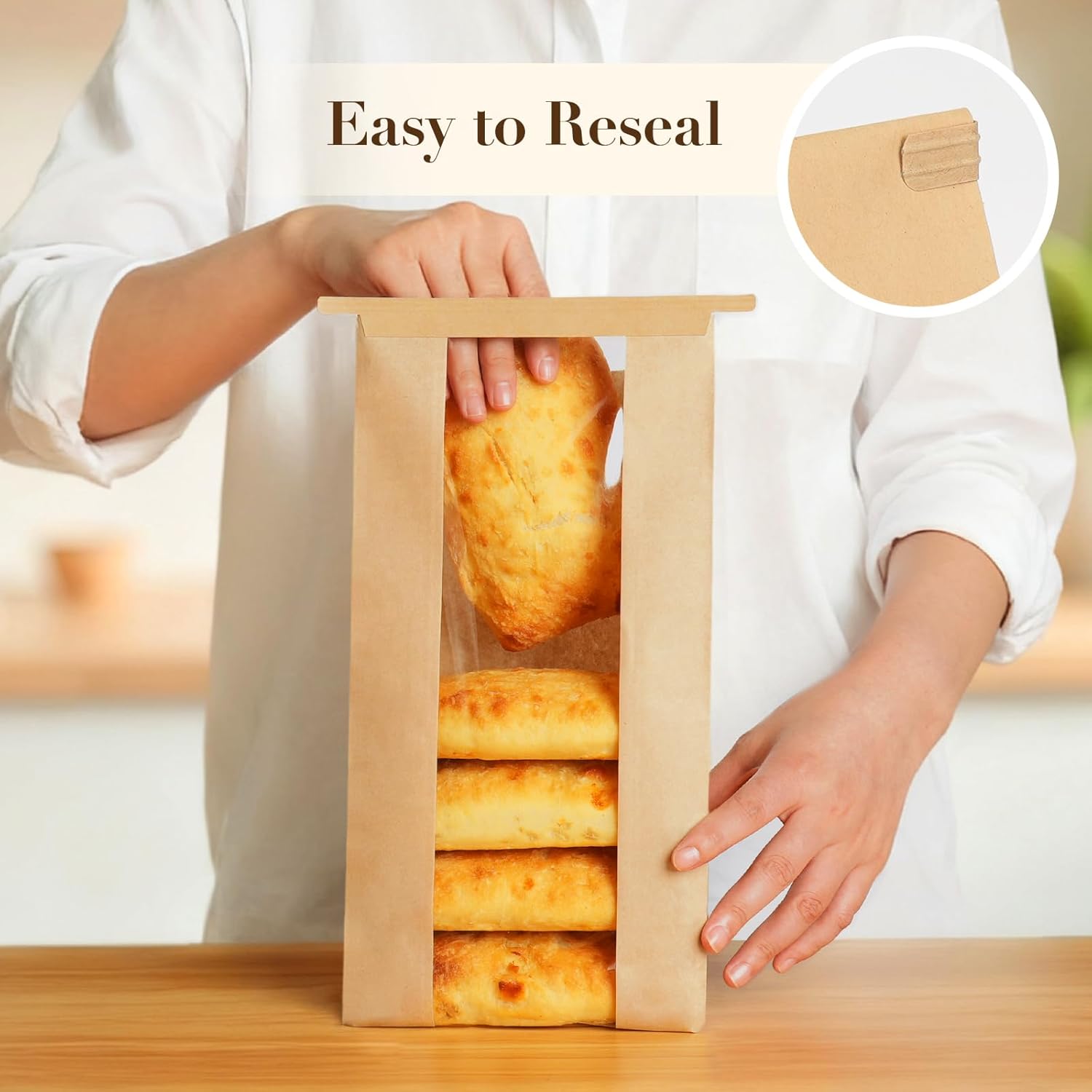 50 Pack Long Paper Bread Bags with Tabs for Homemade Sourdough, Resealable Bakery Bags with Window for Oval Sourdough Bread, Loaves, Pastries, Baguettes 6.3x2.7×13.7 Inches | Grease Resistant