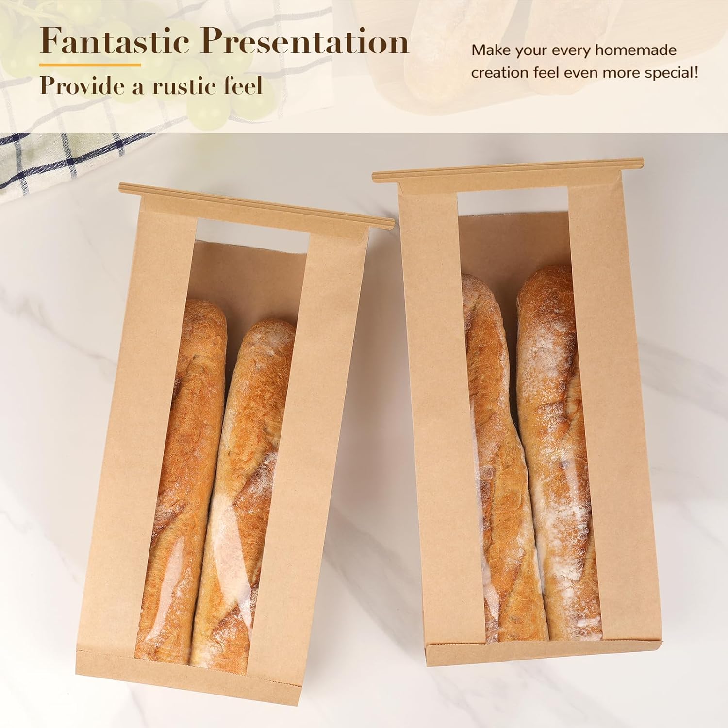 50 Pack Long Paper Bread Bags with Tabs for Homemade Sourdough, Resealable Bakery Bags with Window for Oval Sourdough Bread, Loaves, Pastries, Baguettes 6.3x2.7×13.7 Inches | Grease Resistant