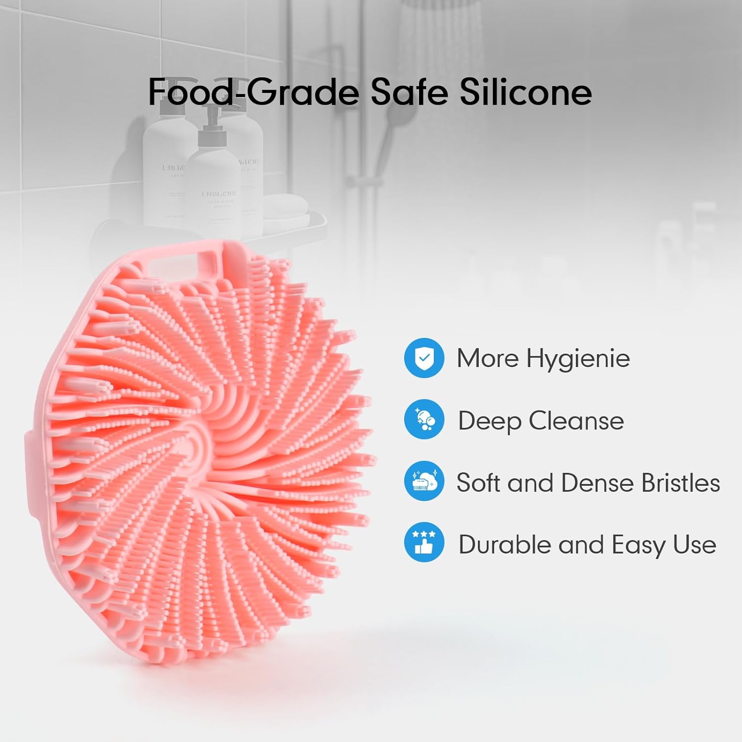 Silicone Body Scrubber with Foaming Effect, Food-Grade Safe, Pink, Soft Dense Bristles for Deep Cleansing