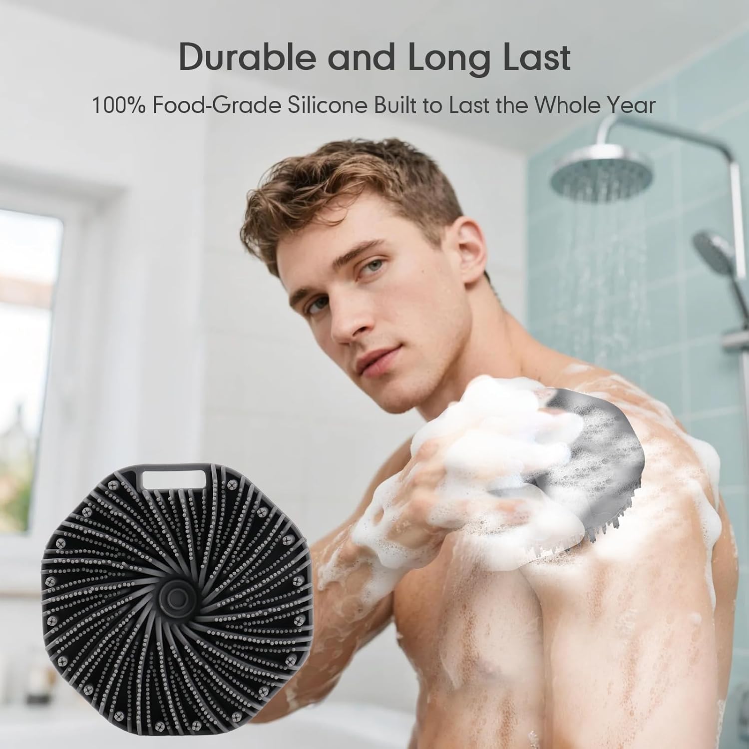 Silicone Body Scrubber with Foaming Effect, Food-Grade Safe, Pink, Soft Dense Bristles for Deep Cleansing