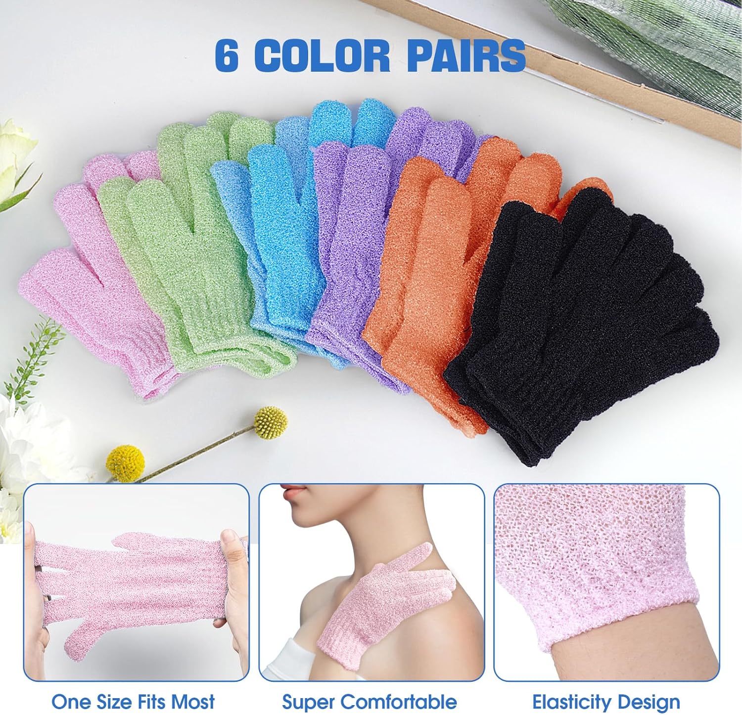 6 Pairs Exfoliating Bath Gloves Mitt Body Scrubber for Shower, Spa, Massage, Dead Skin Remover Bathing Accessories Women Men