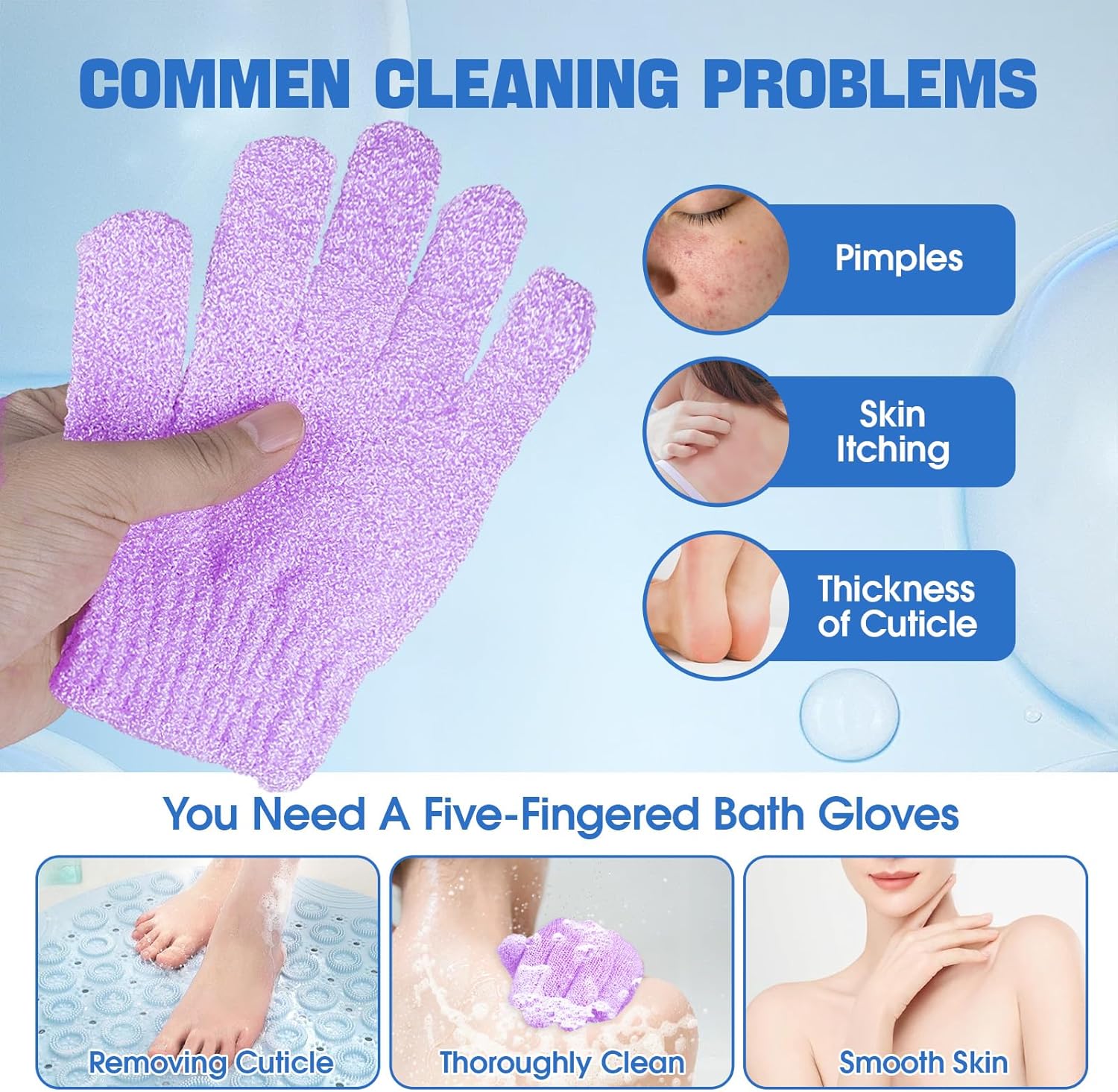 6 Pairs Exfoliating Bath Gloves Mitt Body Scrubber for Shower, Spa, Massage, Dead Skin Remover Bathing Accessories Women Men
