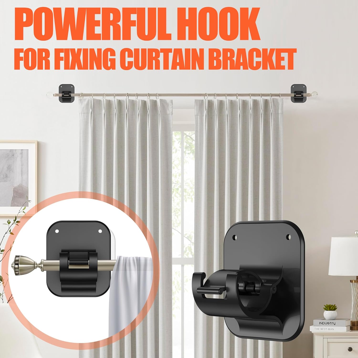 Adhesive Curtain Rods No Drilling Holder,No Drill Curtain Rod Brackets,Renter Friendly Curtain Hooks for Hanging Drapes,Over Blinds for Dorm Apartment Kitchen Bedroom Home