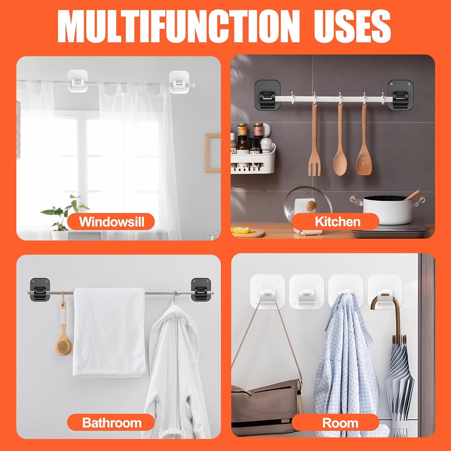 Adhesive Curtain Rods No Drilling Holder,No Drill Curtain Rod Brackets,Renter Friendly Curtain Hooks for Hanging Drapes,Over Blinds for Dorm Apartment Kitchen Bedroom Home