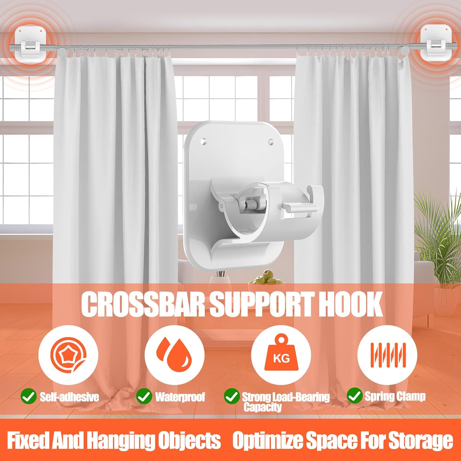 Adhesive Curtain Rods No Drilling Holder,No Drill Curtain Rod Brackets,Renter Friendly Curtain Hooks for Hanging Drapes,Over Blinds for Dorm Apartment Kitchen Bedroom Home