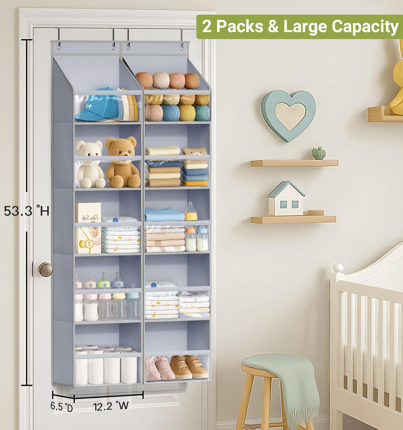 2 Pack Over the Door Organizer, Large Capacity Closet Door Hanging Organizer, Clear Deep Pockets Baby Organizer Storage for Nursery, Bathroom, Bedroom, Pantry, Diapers Grey