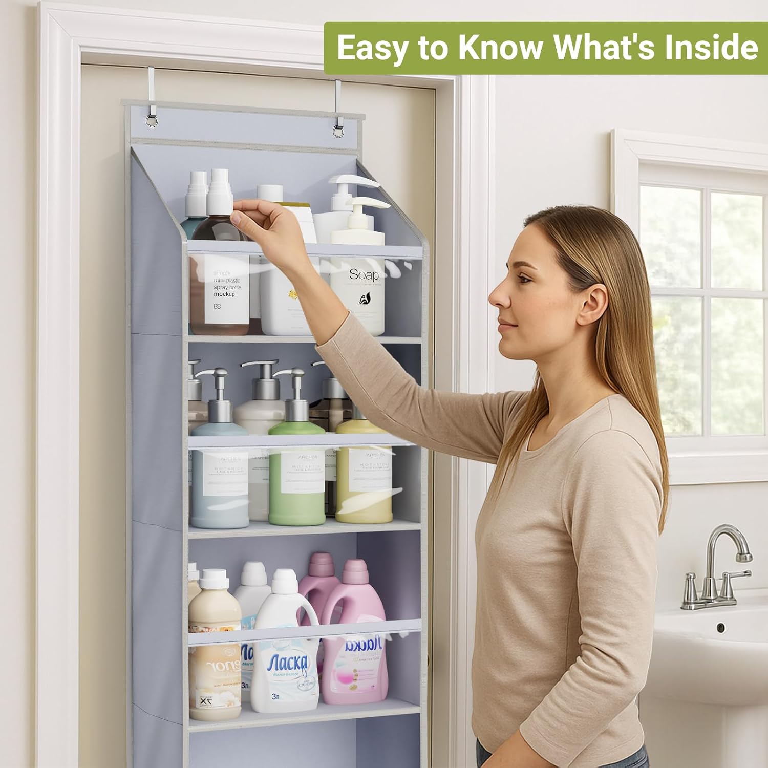 2 Pack Over the Door Organizer, Large Capacity Closet Door Hanging Organizer, Clear Deep Pockets Baby Organizer Storage for Nursery, Bathroom, Bedroom, Pantry, Diapers Grey
