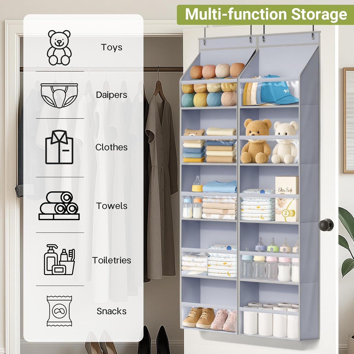 2 Pack Over the Door Organizer, Large Capacity Closet Door Hanging Organizer, Clear Deep Pockets Baby Organizer Storage for Nursery, Bathroom, Bedroom, Pantry, Diapers Grey