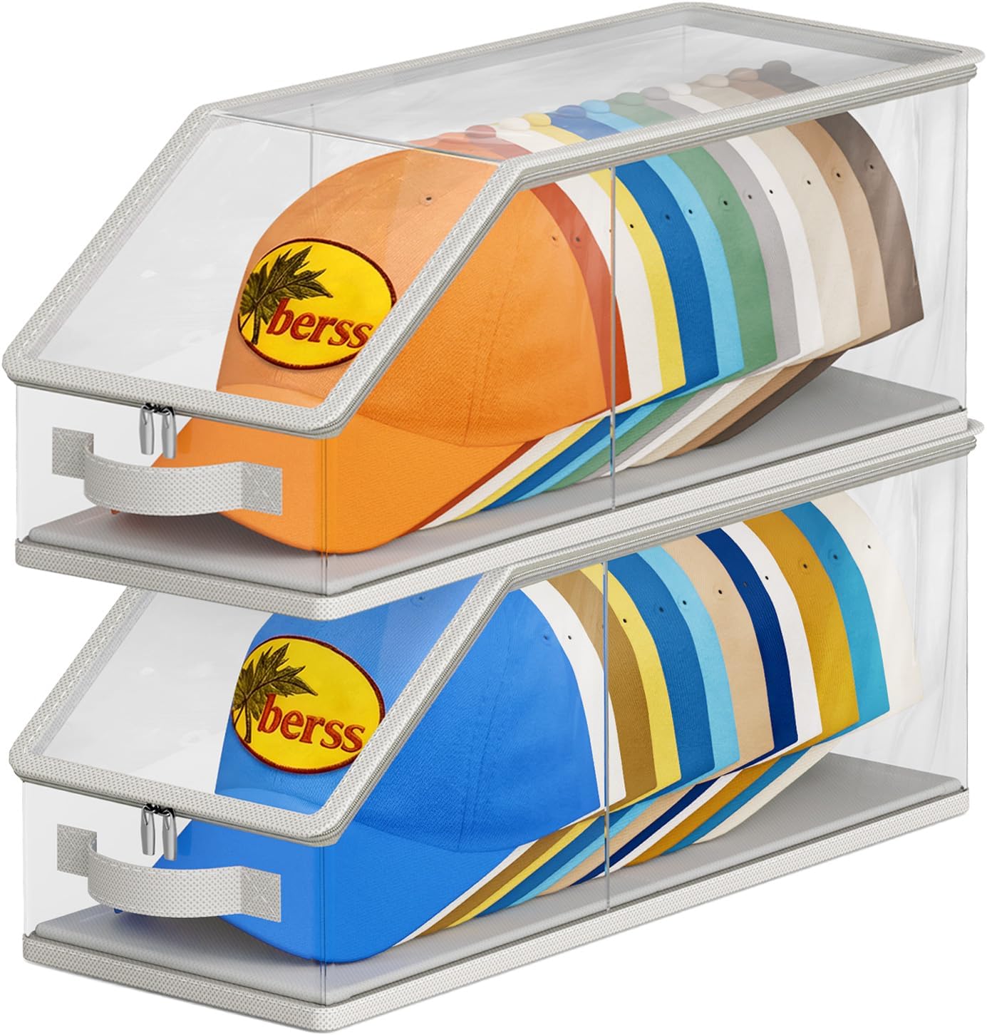 2PCS Stackable Hat Storage for Baseball Caps, Clear Hat Organizer for Closet Holds up to 24 Caps, Men‘s Hat Box Display with Cardboard Grey