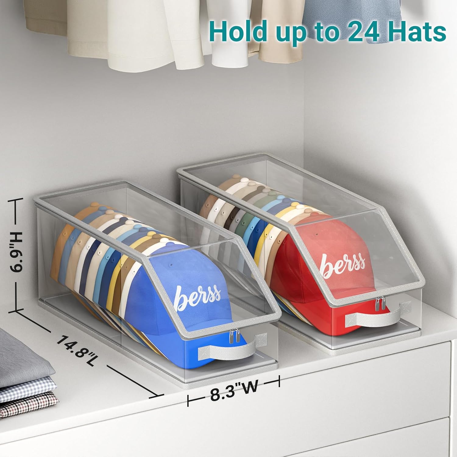 2PCS Stackable Hat Storage for Baseball Caps, Clear Hat Organizer for Closet Holds up to 24 Caps, Men‘s Hat Box Display with Cardboard Grey
