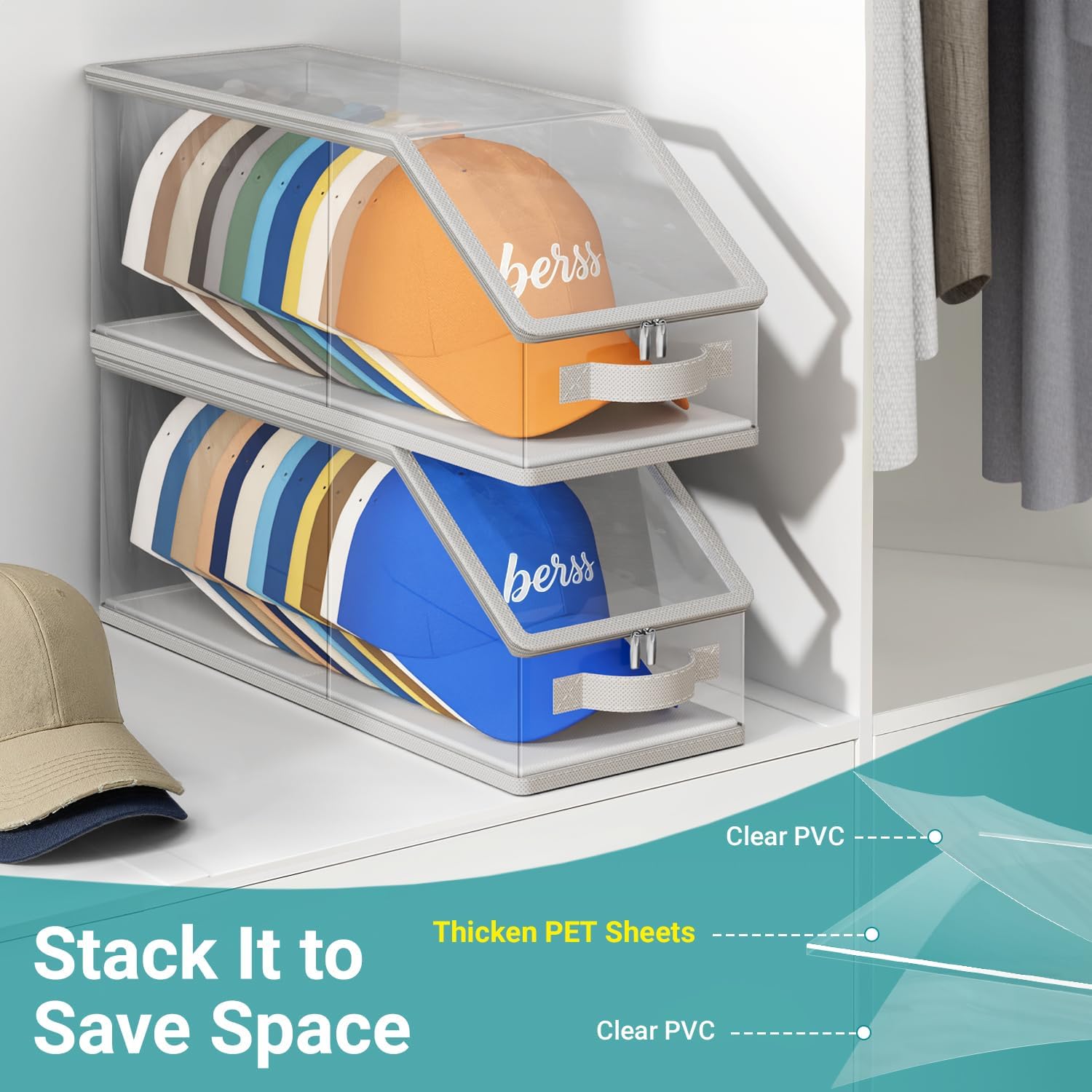 2PCS Stackable Hat Storage for Baseball Caps, Clear Hat Organizer for Closet Holds up to 24 Caps, Men‘s Hat Box Display with Cardboard Grey