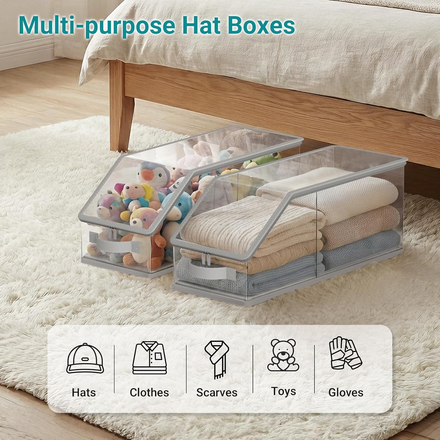 2PCS Stackable Hat Storage for Baseball Caps, Clear Hat Organizer for Closet Holds up to 24 Caps, Men‘s Hat Box Display with Cardboard Grey