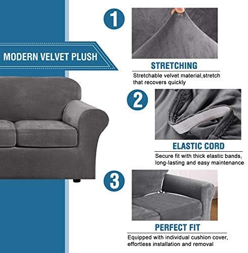 4 Pieces Thick Velvet Sofa Covers Couch Covers for 3 Chion Couch Sofa High Stretch Slipcovers Furniture Protector Form Fit Luxury Couch Cover for Dogs Width Up to 90 Inch Sofa,Grey