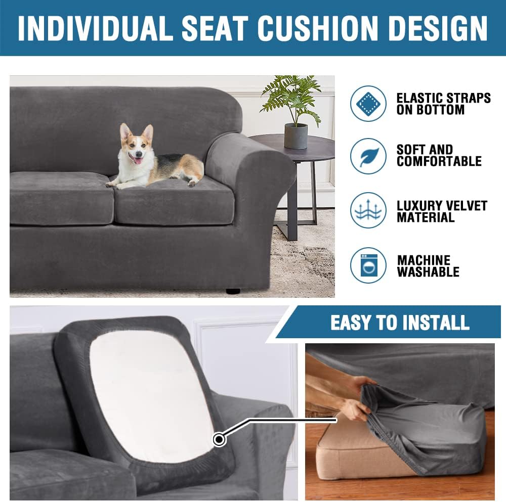 4 Pieces Thick Velvet Sofa Covers Couch Covers for 3 Chion Couch Sofa High Stretch Slipcovers Furniture Protector Form Fit Luxury Couch Cover for Dogs Width Up to 90 Inch Sofa,Grey