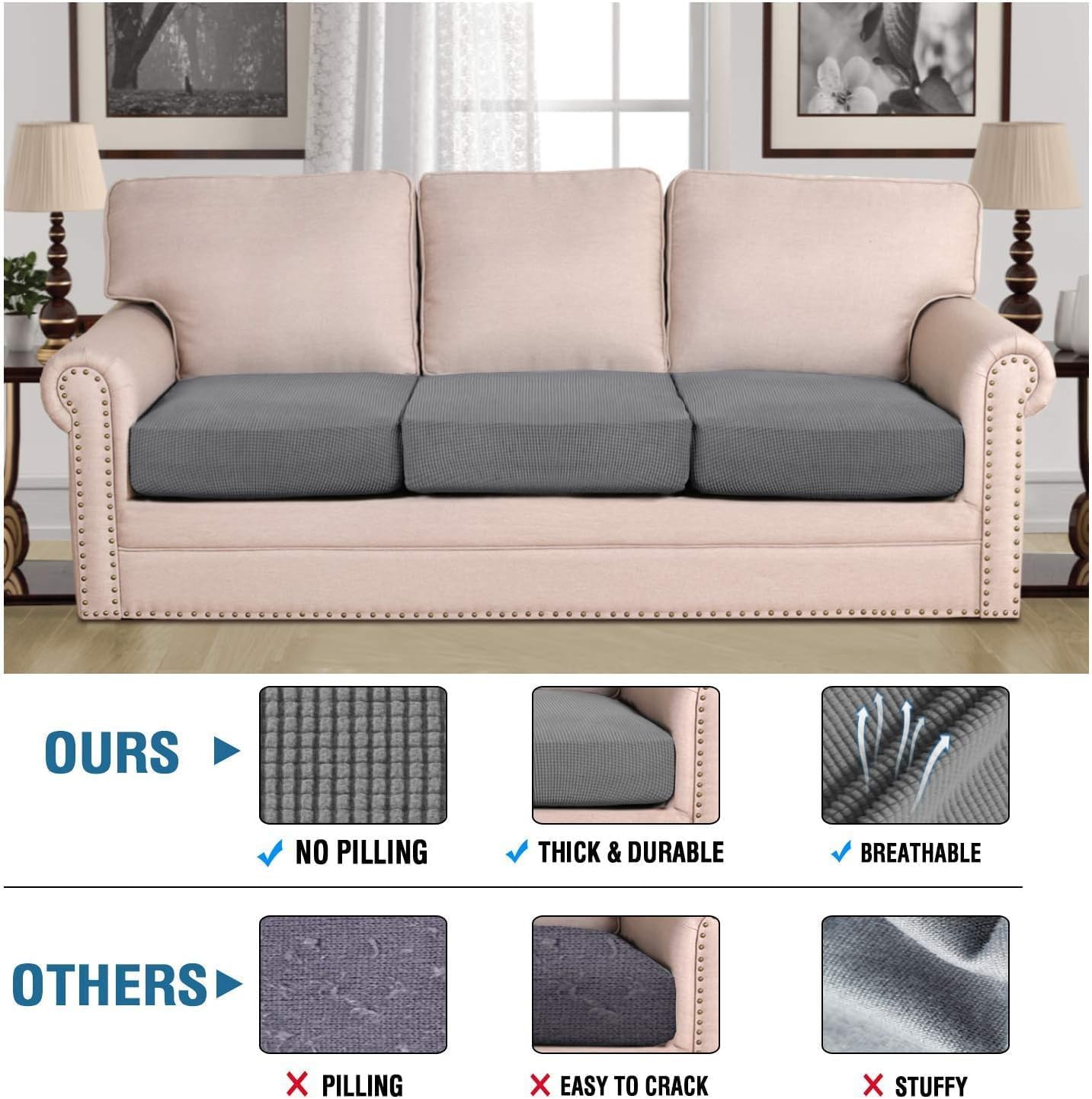 Super Stretch Individual Seat Chion Covers Sofa Covers Couch Chion Cover Slipcover Sets Thick Jacquard Textured Twill Fabric 3 Piece Sofa Chion Covers, Grey
