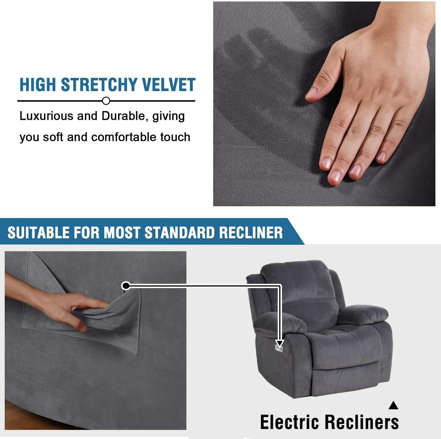 Velvet Recliner Chair Covers 1-Piece for Reclining Chair, Recliner Cover Feature Thick Luxury and Soft Fabric with Elastic Bottom, Anti-Slip Foams Attached Grey, Large