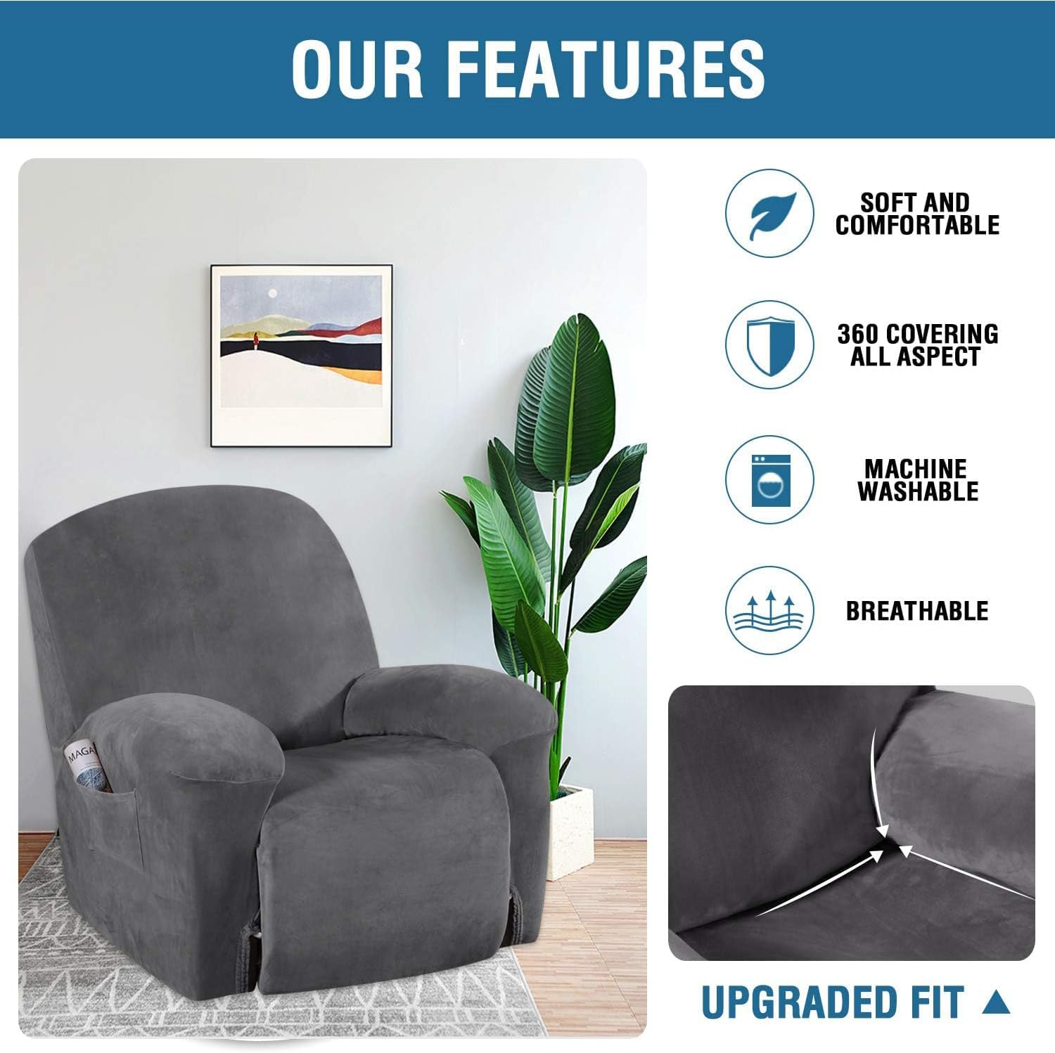 Velvet Recliner Chair Covers 1-Piece for Reclining Chair, Recliner Cover Feature Thick Luxury and Soft Fabric with Elastic Bottom, Anti-Slip Foams Attached Grey, Large