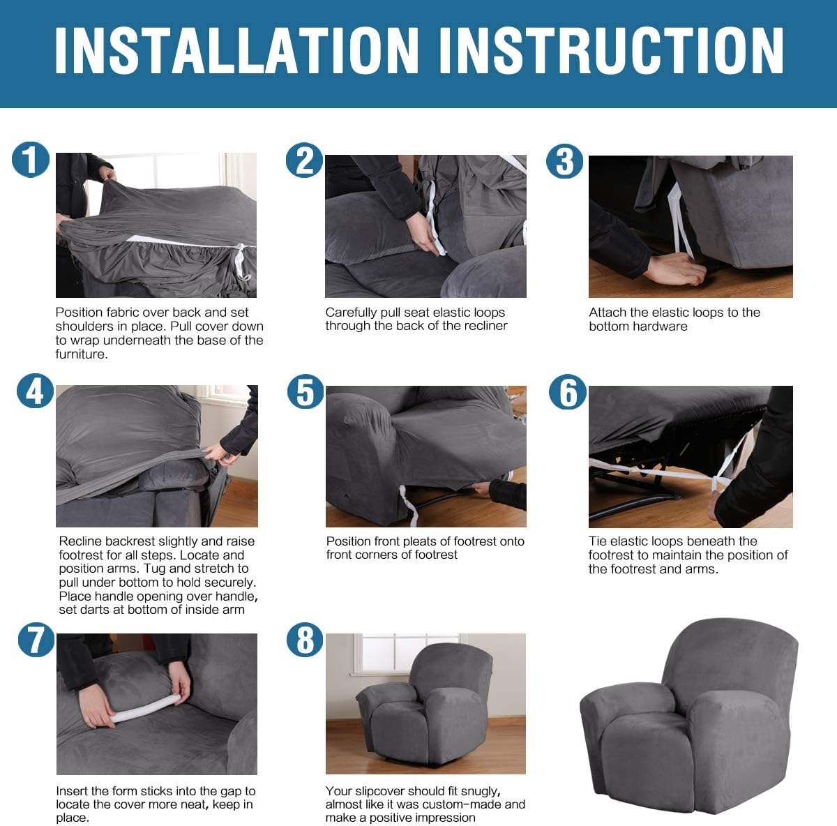 Velvet Recliner Chair Covers 1-Piece for Reclining Chair, Recliner Cover Feature Thick Luxury and Soft Fabric with Elastic Bottom, Anti-Slip Foams Attached Grey, Large