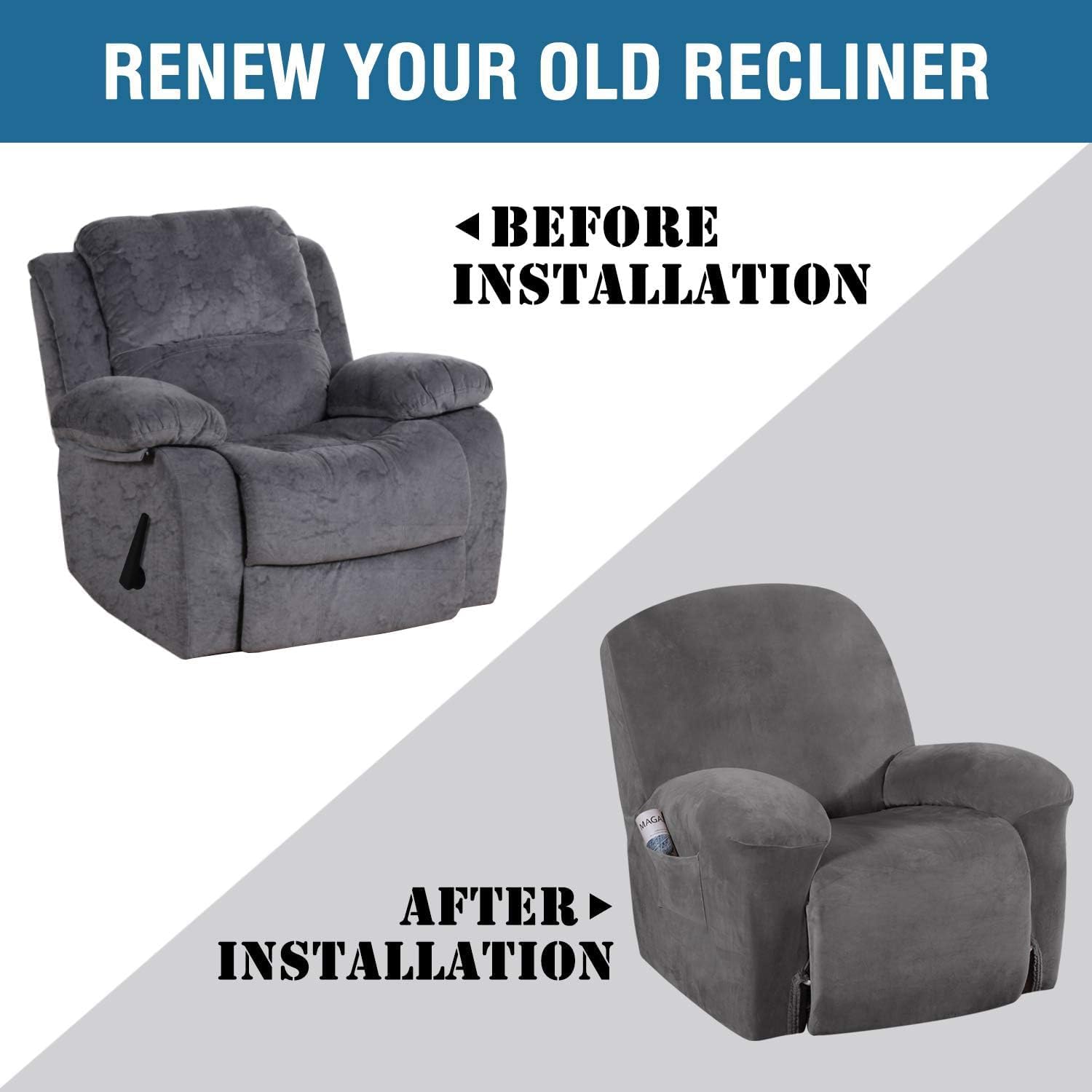 Velvet Recliner Chair Covers 1-Piece for Reclining Chair, Recliner Cover Feature Thick Luxury and Soft Fabric with Elastic Bottom, Anti-Slip Foams Attached Grey, Large