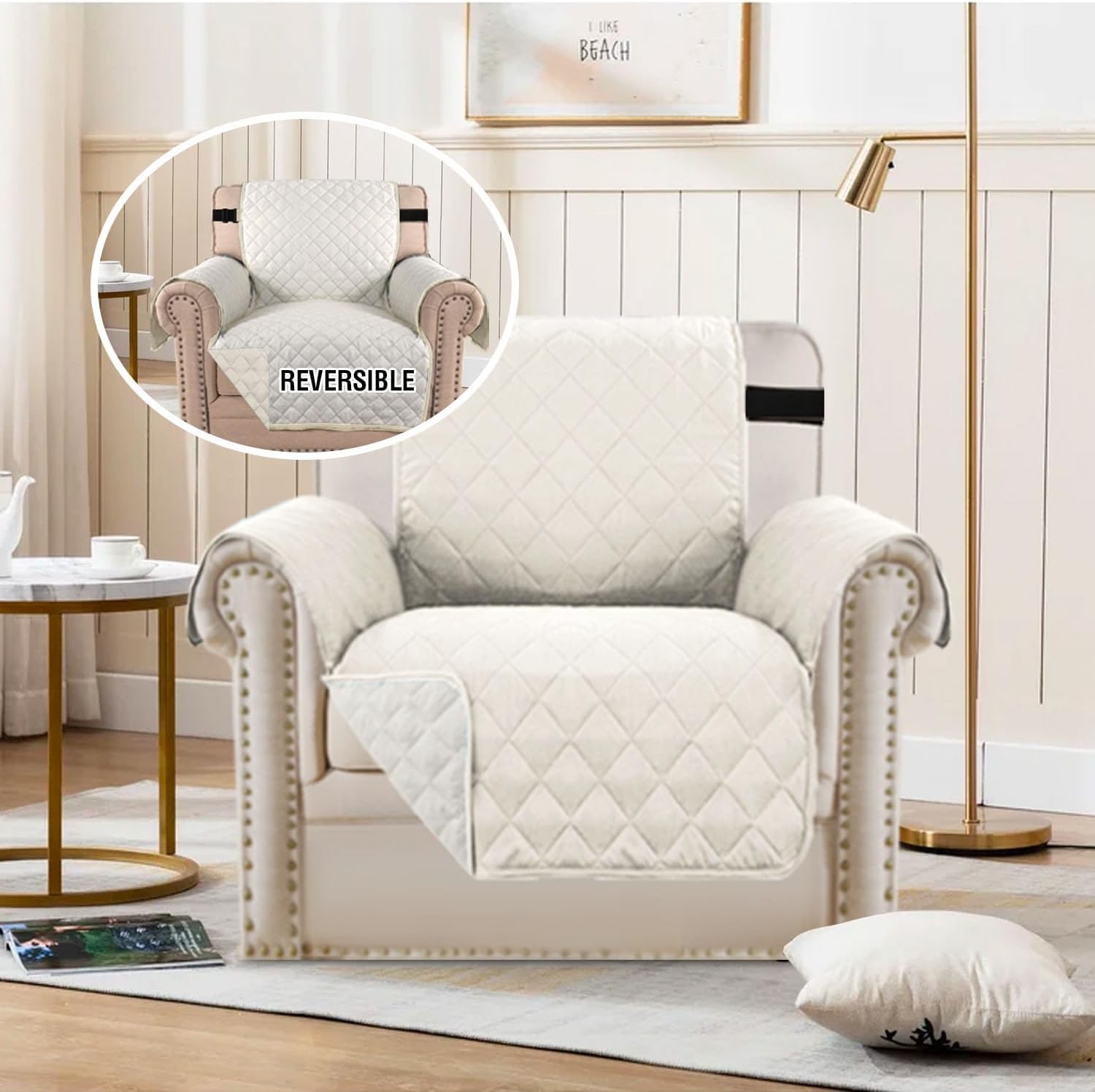 Chair Slipcover Reversible Chair Cover Water Resistant Couch Cover Washable Chair Cover Non-Slip Fabric Furniture Protector with Elastic Strap for Pets Armchair, Ivory/Beige