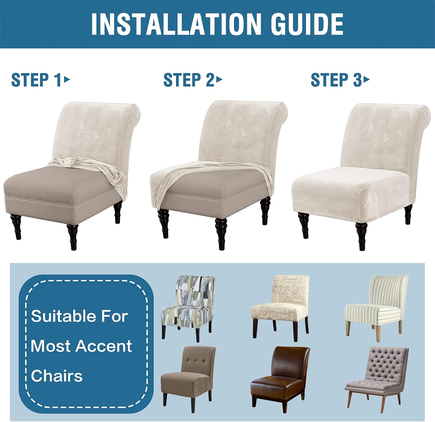 Armless Accent Chair Covers Thick Velvet Armless Chair Slipcovers High Stretch Chair Covers for Living Room Hotel Machine Washable Furniture Protector with Elastic Bottom, Ivory