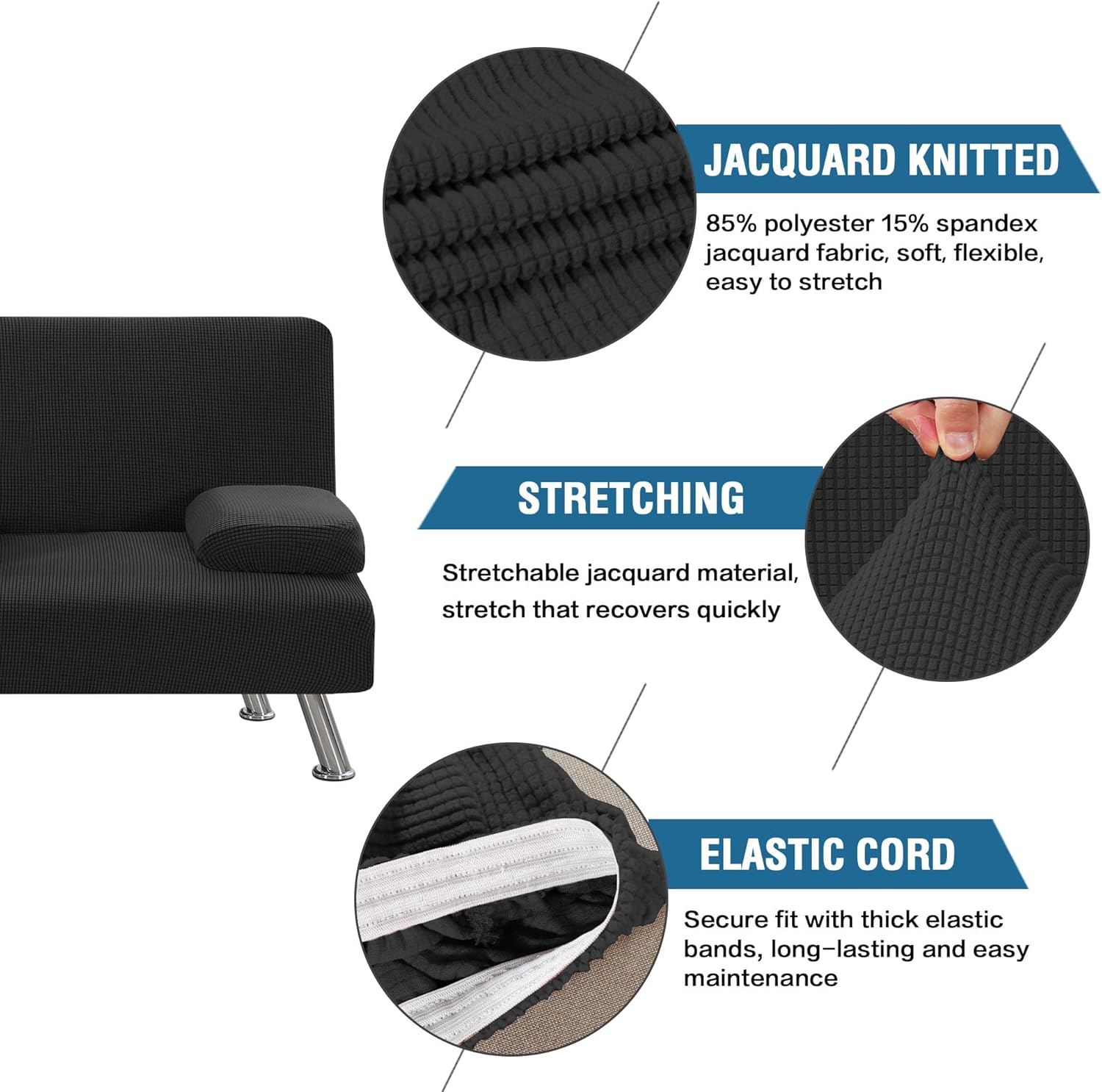 4 Pieces Stretch Futon Covers Sofa Bed Slipcover with Removable Armrests and Cupholders Covers Furniture Protector High Spandex Small Checks Jacquard Fabric, Black