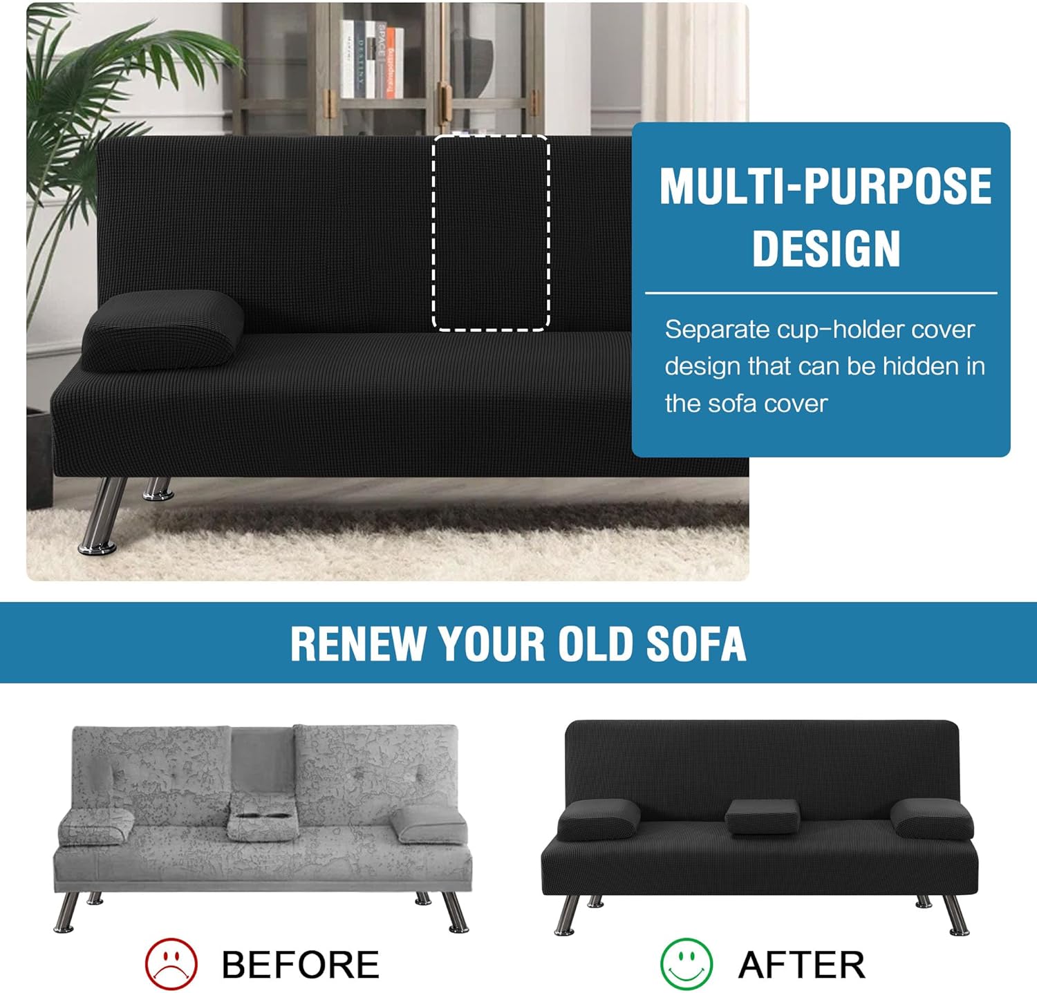 4 Pieces Stretch Futon Covers Sofa Bed Slipcover with Removable Armrests and Cupholders Covers Furniture Protector High Spandex Small Checks Jacquard Fabric, Black