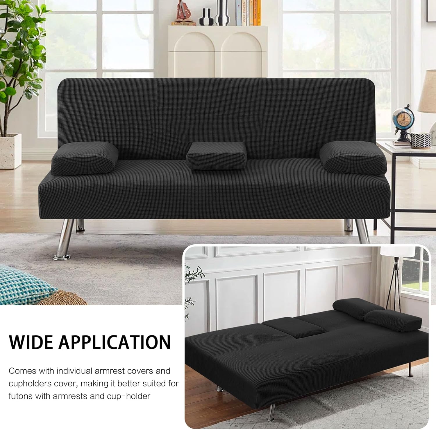 4 Pieces Stretch Futon Covers Sofa Bed Slipcover with Removable Armrests and Cupholders Covers Furniture Protector High Spandex Small Checks Jacquard Fabric, Black