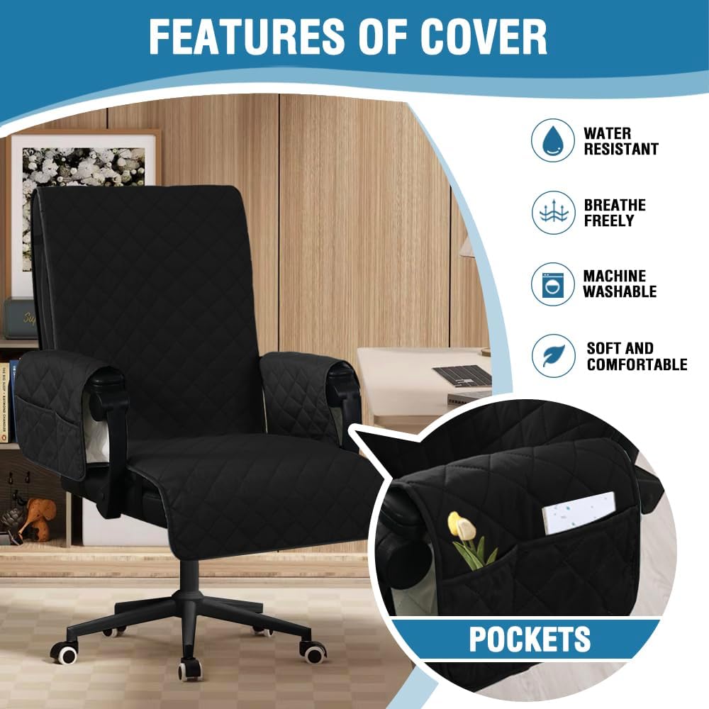 Water-Resistant Office Chair Protector – Universal High-Back Cover with Non-Slip Buckles, Fits Executive,Gaming Chair and Desk Chairs Black/Grey, Washable