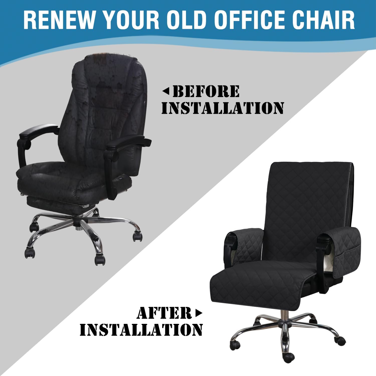 Water-Resistant Office Chair Protector – Universal High-Back Cover with Non-Slip Buckles, Fits Executive,Gaming Chair and Desk Chairs Black/Grey, Washable