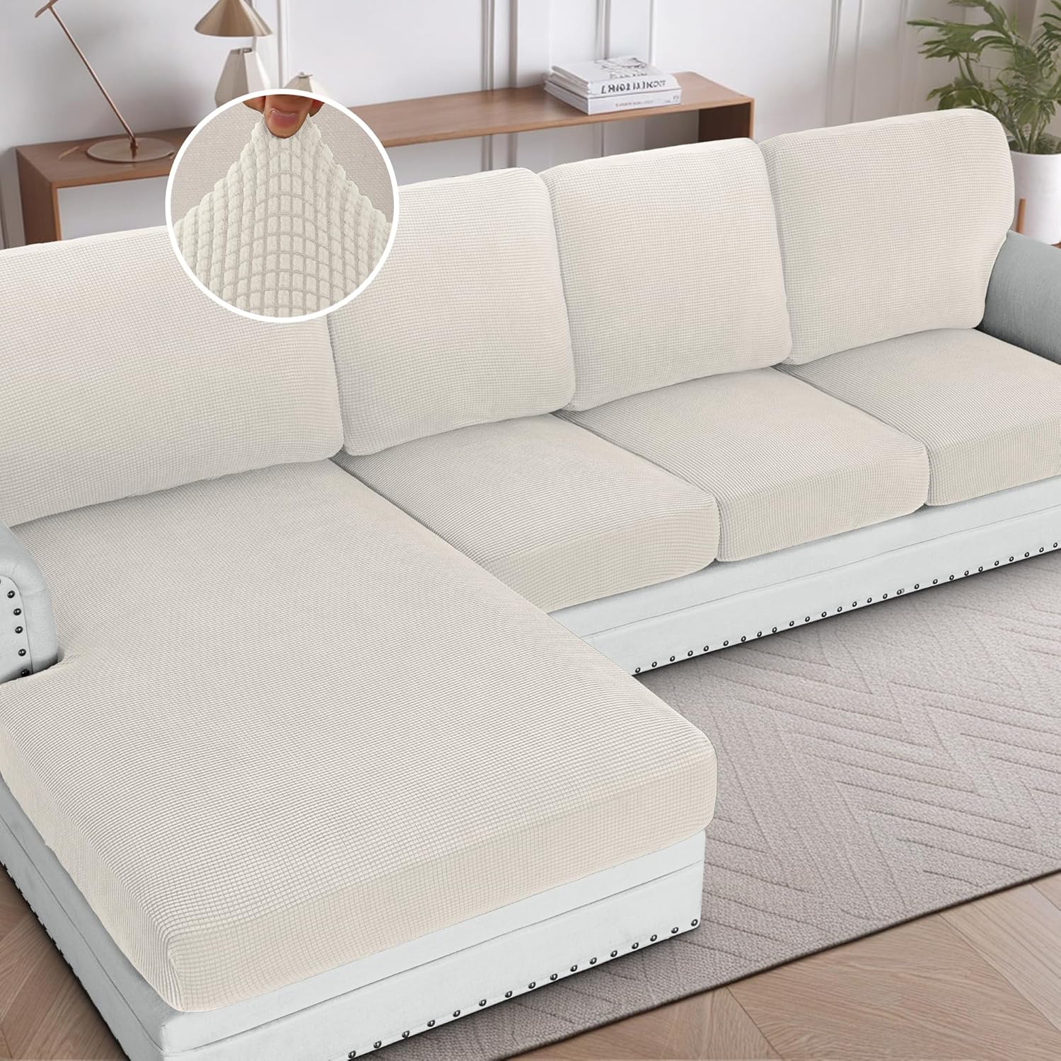 Sectional Couch Covers 8 Pieces Stretch Sofa Covers for Sectional Sofa Set Separate L Shaped Couch Cover for Both Left/Right Couch Seat and Back: 1 Chaise + 3 Sofa, Ivory