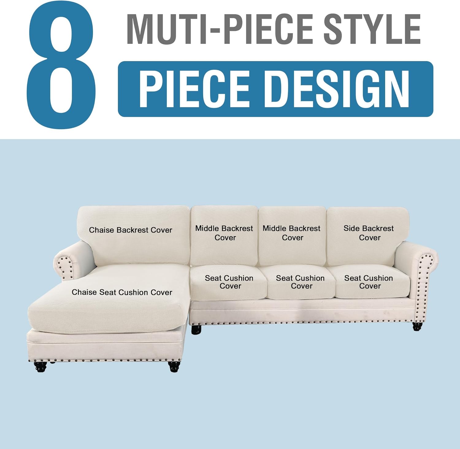 Sectional Couch Covers 8 Pieces Stretch Sofa Covers for Sectional Sofa Set Separate L Shaped Couch Cover for Both Left/Right Couch Seat and Back: 1 Chaise + 3 Sofa, Ivory