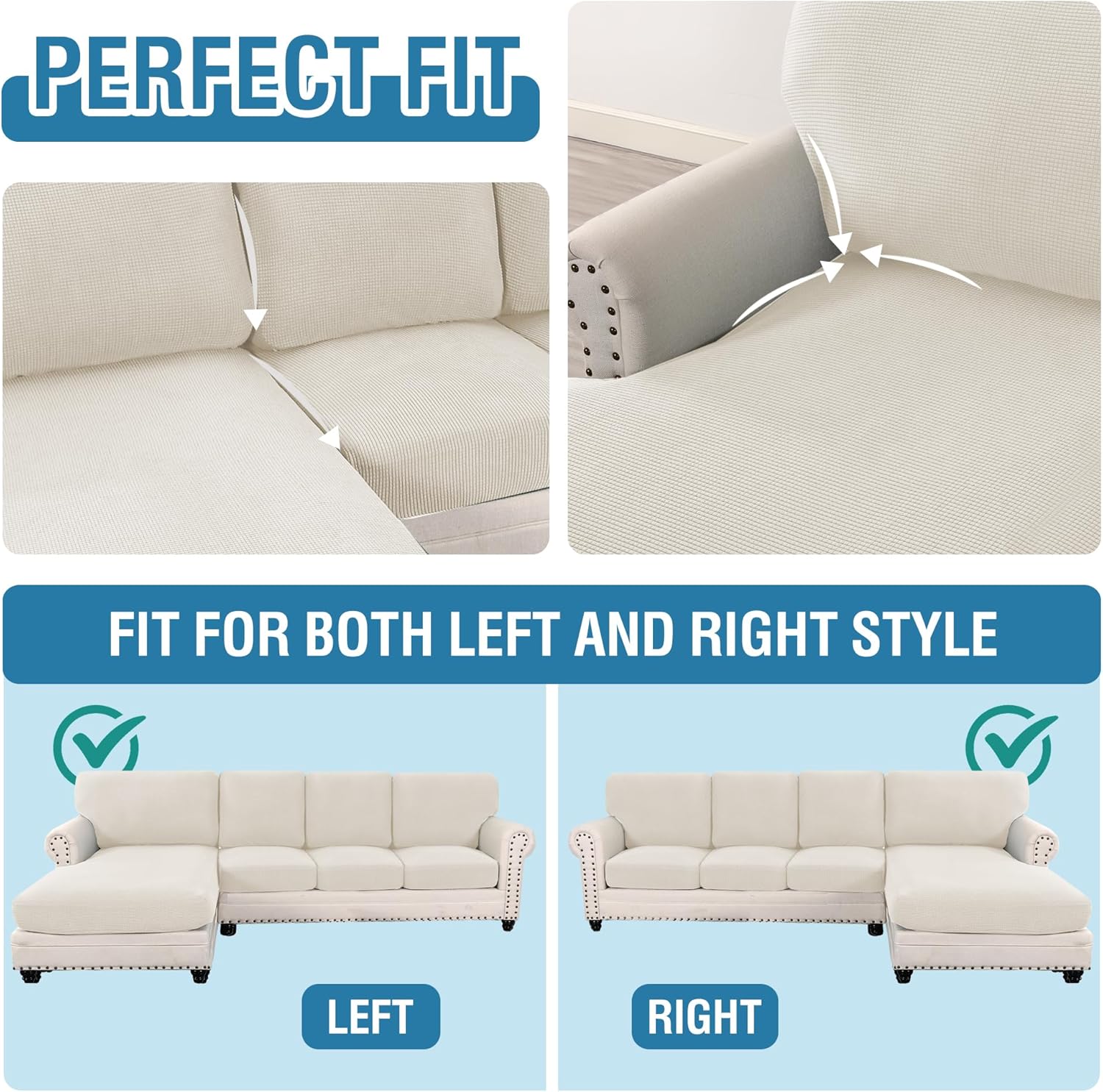 Sectional Couch Covers 8 Pieces Stretch Sofa Covers for Sectional Sofa Set Separate L Shaped Couch Cover for Both Left/Right Couch Seat and Back: 1 Chaise + 3 Sofa, Ivory