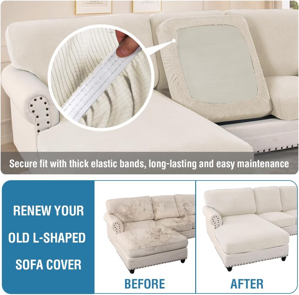 Sectional Couch Covers 8 Pieces Stretch Sofa Covers for Sectional Sofa Set Separate L Shaped Couch Cover for Both Left/Right Couch Seat and Back: 1 Chaise + 3 Sofa, Ivory