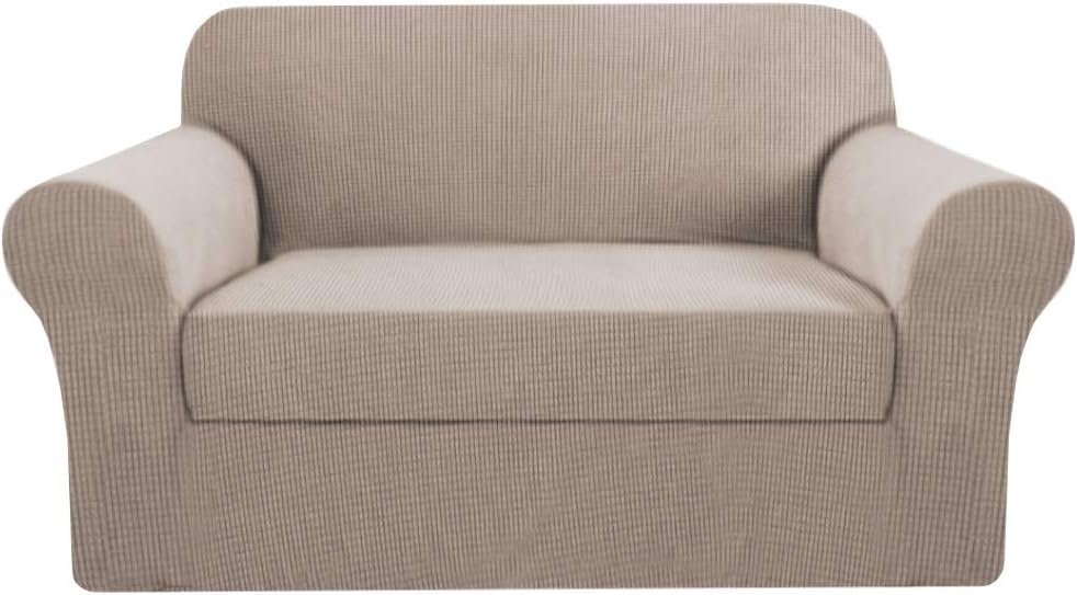 2 Pieces Loveseat Covers Fit Lovesat Width Up to 70 Inch Furniture Cover/Protector, Jacquard Spandex Stretch Loveseat Slipcovers Suit for T Chion/Box Chion Loveseat, Sand