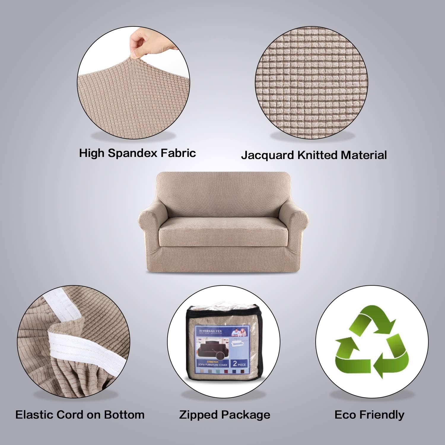 2 Pieces Loveseat Covers Fit Lovesat Width Up to 70 Inch Furniture Cover/Protector, Jacquard Spandex Stretch Loveseat Slipcovers Suit for T Chion/Box Chion Loveseat, Sand