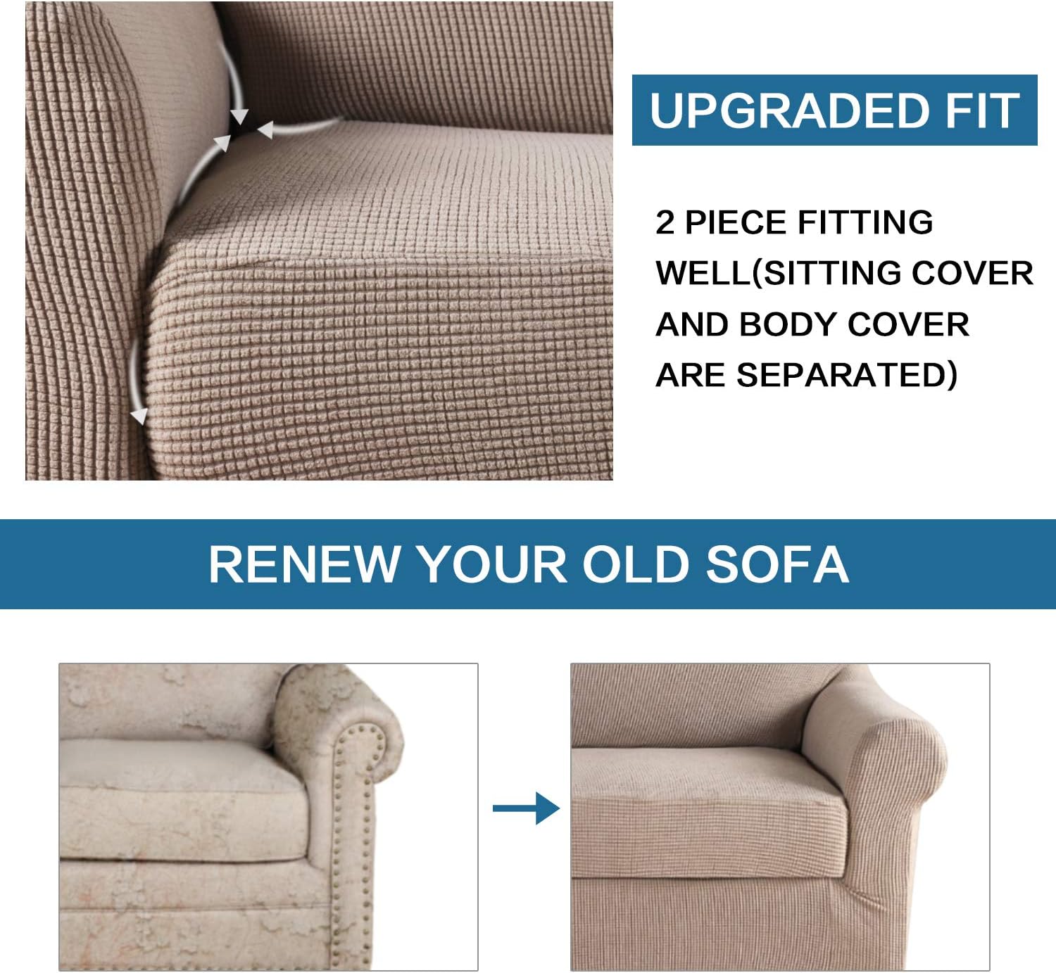 2 Pieces Loveseat Covers Fit Lovesat Width Up to 70 Inch Furniture Cover/Protector, Jacquard Spandex Stretch Loveseat Slipcovers Suit for T Chion/Box Chion Loveseat, Sand