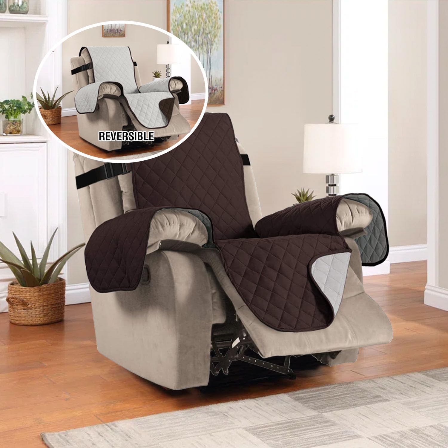 Reversible Quilted Recliner Covers Recliner Chair Cover Water Resistant Furniture Protector Washable Couch Cover with Elastic Straps for Kids, Pets Recliner, Brown/Beige