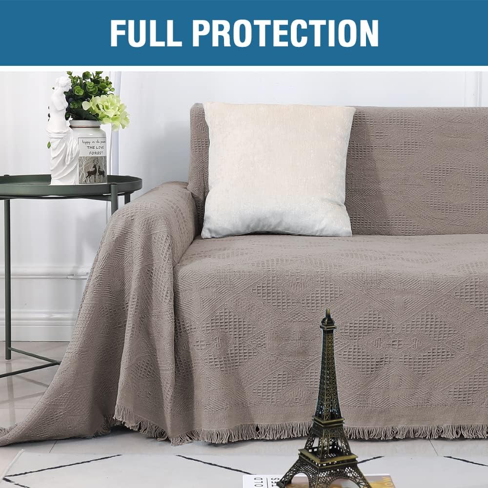 Cotton Sofa Covers Couch Cover Sofa Slipcover for Most Shape Sofas, Feature Thick Woven Jacquard Seamless with Tassels, Multie Decorative for Couch X-Large: 71" x 118", Sand