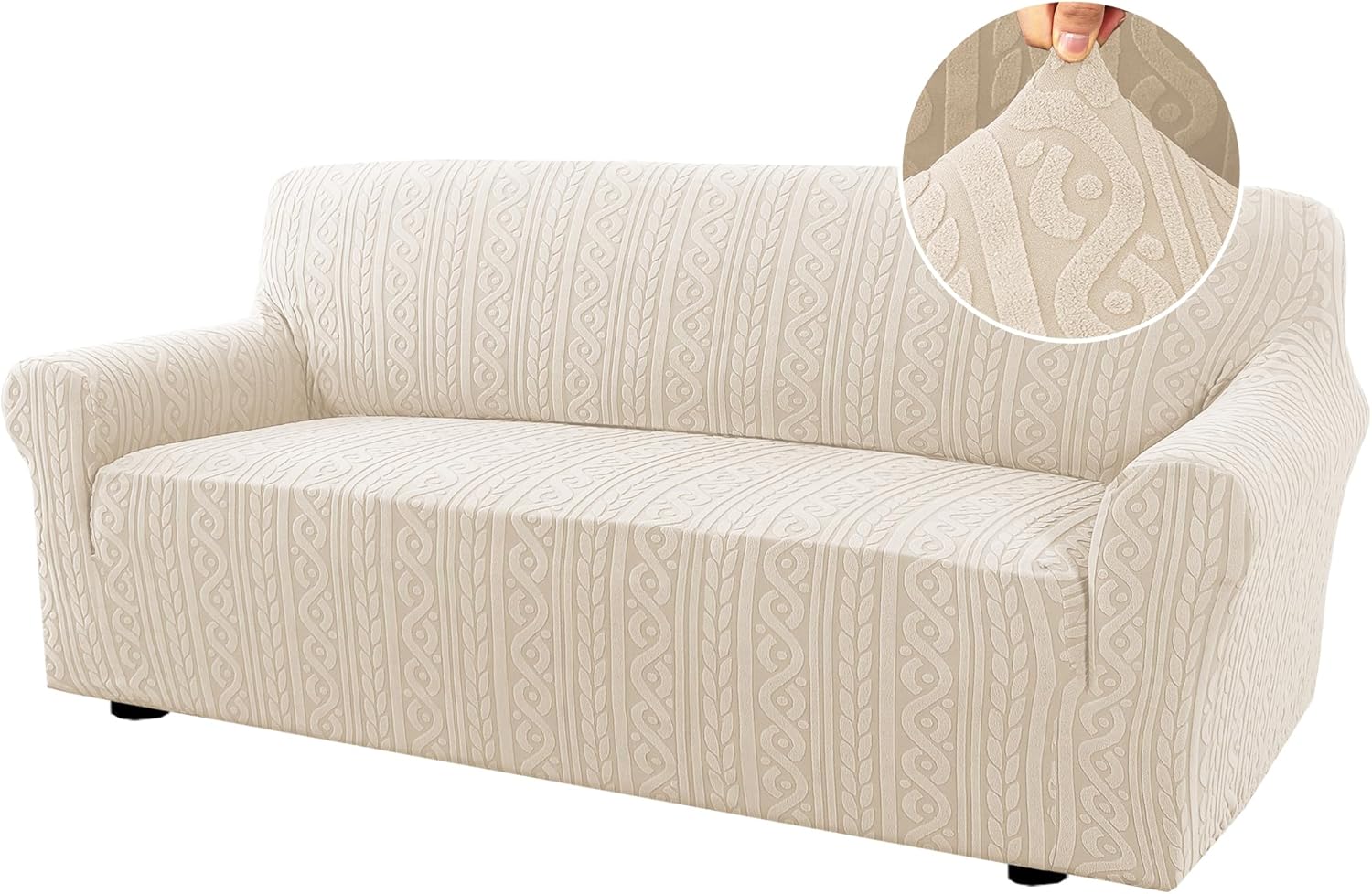 Sofa Cover 1 Piece Stretch Sofa Slipcovers Non Slip Sofa Cover with Elastic Bottom Washable for Kids, Pets Upgrade Thick Jacquard Fabric with Spiral Pattern 75"-85", Ivory