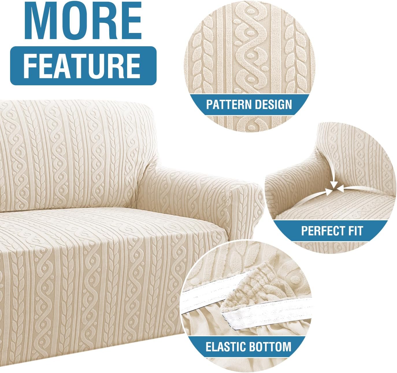Sofa Cover 1 Piece Stretch Sofa Slipcovers Non Slip Sofa Cover with Elastic Bottom Washable for Kids, Pets Upgrade Thick Jacquard Fabric with Spiral Pattern 75"-85", Ivory