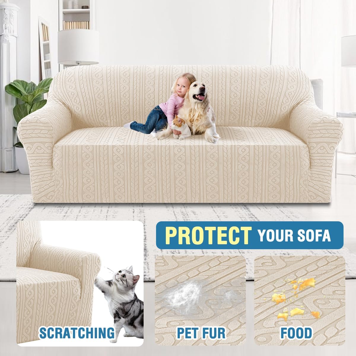 Sofa Cover 1 Piece Stretch Sofa Slipcovers Non Slip Sofa Cover with Elastic Bottom Washable for Kids, Pets Upgrade Thick Jacquard Fabric with Spiral Pattern 75"-85", Ivory