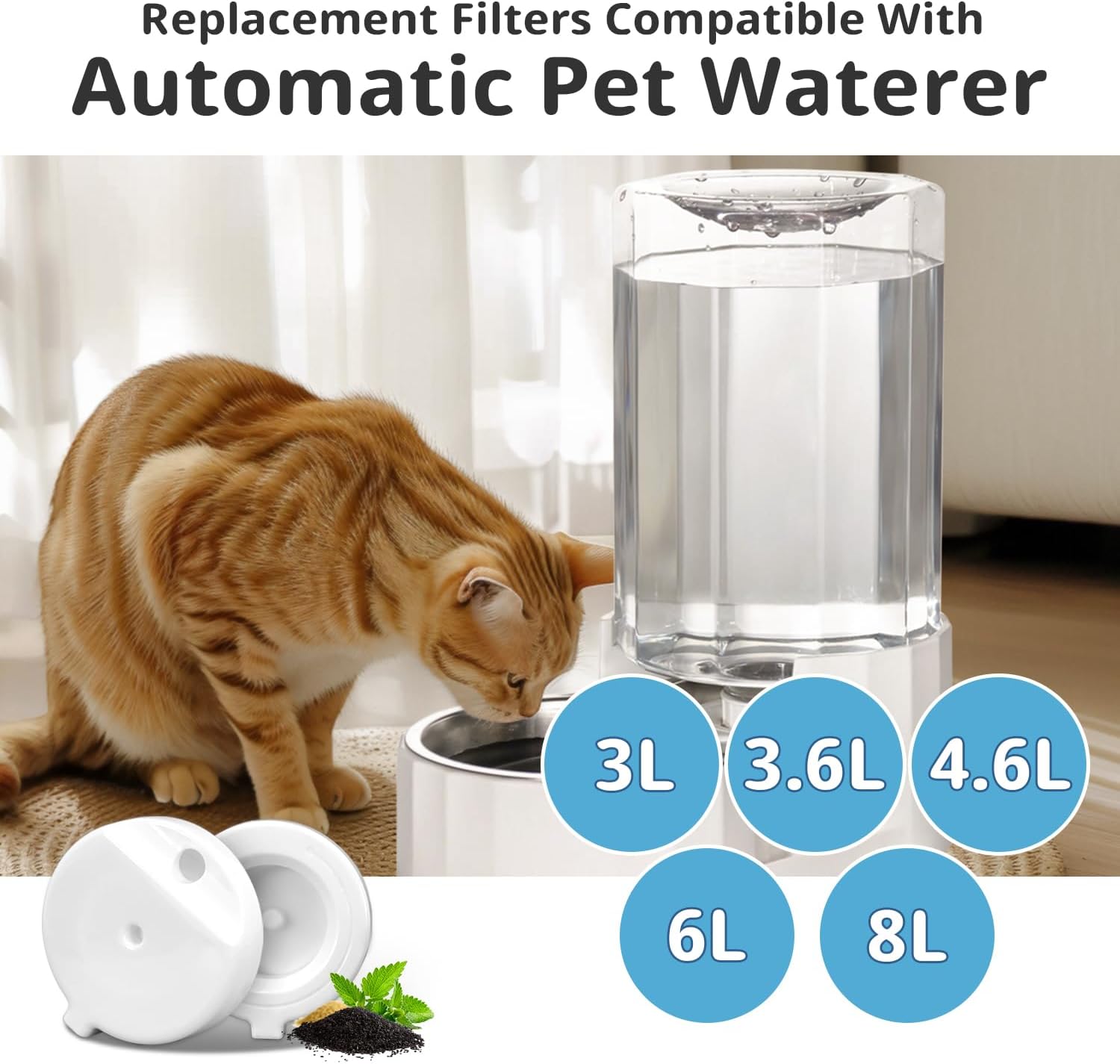 8Pcs Gravity Pet Water Fountain Filters, Automatic Pet Waterer Replacement Filters for 3.6L/4.6L/6L/8L Dog Water Dispenser 8 Filters with 1Brush