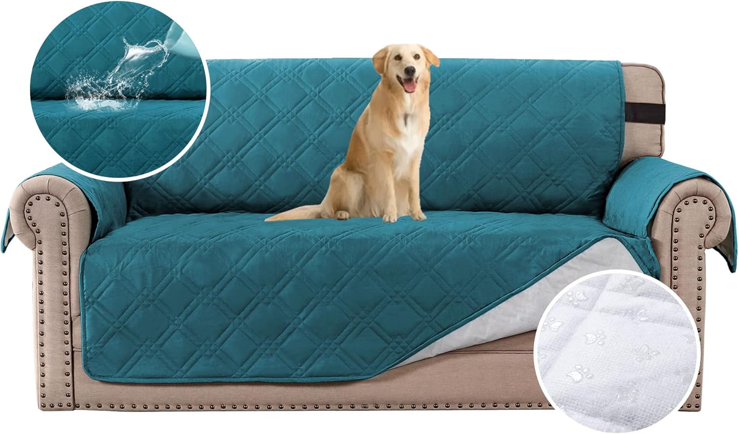 100% Waterproof Sofa Slipcover Washable Loveseat Cover for 2 Chion Cover Non-Slip Furniture Protector with Puppy Paw Silicone Backing Couch Cover for Pets Dogs Loveseat, Dark Teal