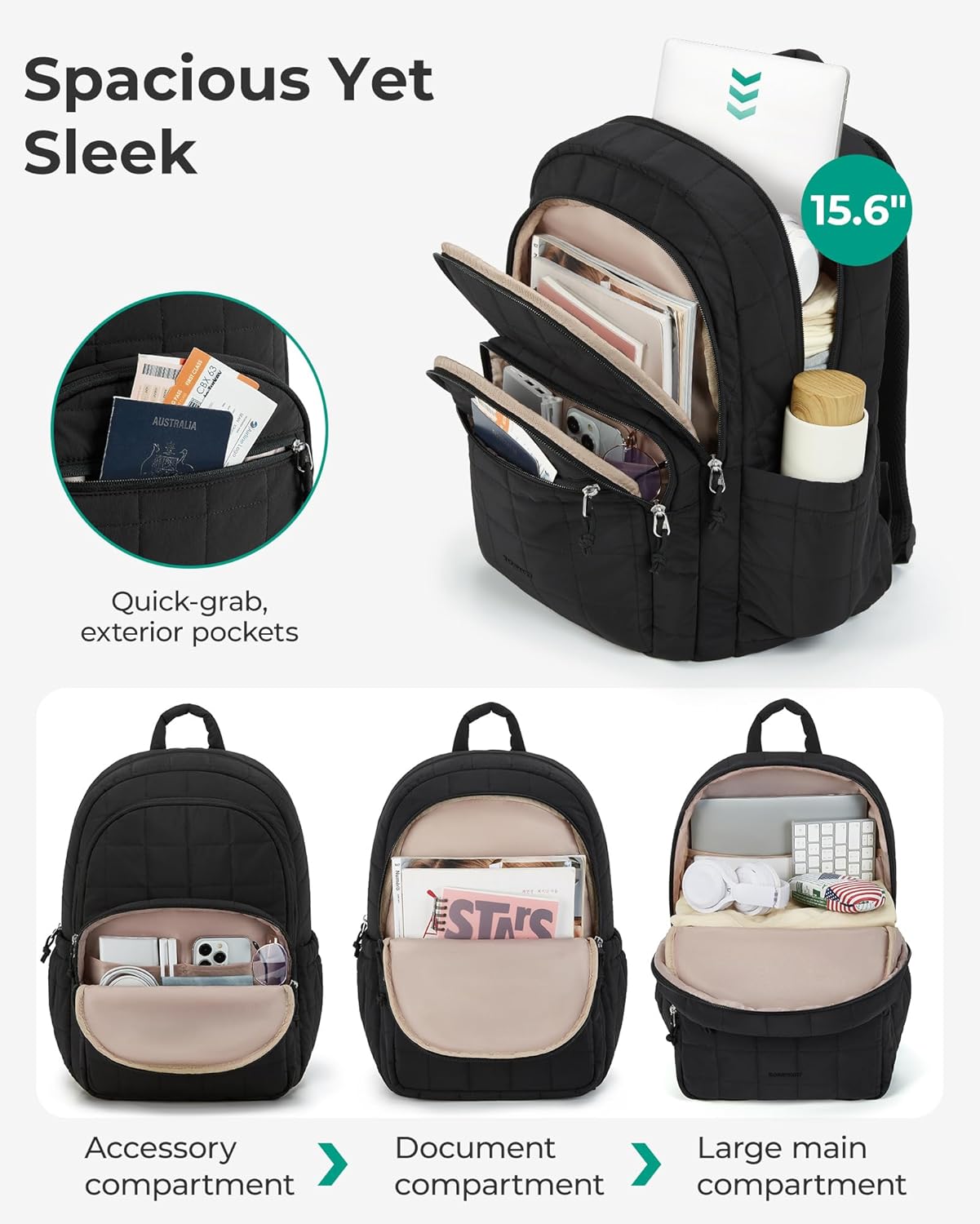 College Laptop Backpack, Travel Backpack for Women, Quilted Casual Daypack, Water-Resistant Bookbag for 15.6 Inch Laptop, Black
