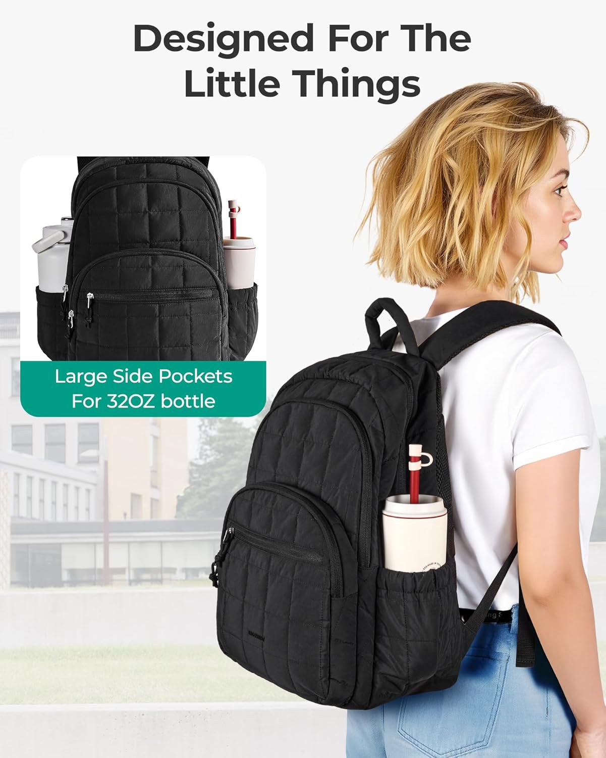 College Laptop Backpack, Travel Backpack for Women, Quilted Casual Daypack, Water-Resistant Bookbag for 15.6 Inch Laptop, Black