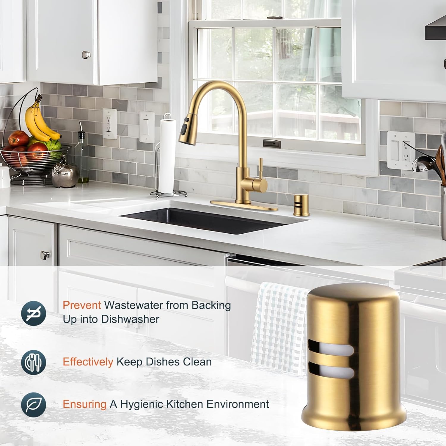 Dishwasher Air Gap Cover, Dishwasher Air Gap Cap for Kitchen Sink, Solid Brass Dishwasher Overflow Vent Cap Replacement Kit, Brushed Gold